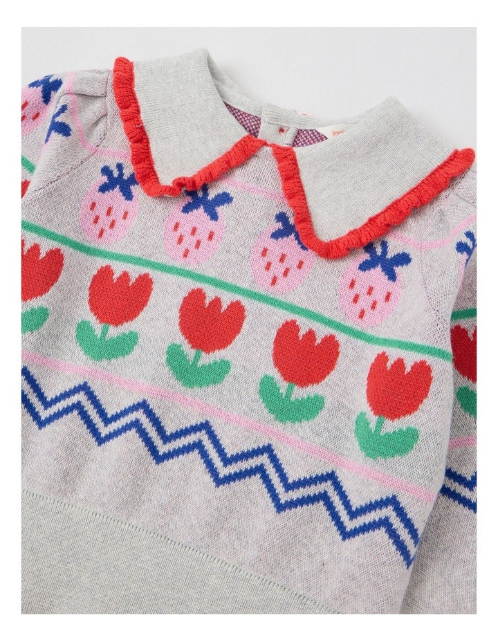 Maeve Strawberry Jumper with Ruffle Collar in Grey Marle