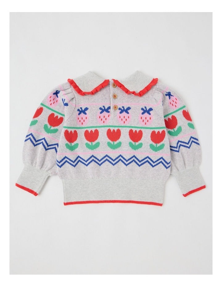 Maeve Strawberry Jumper with Ruffle Collar in Grey Marle