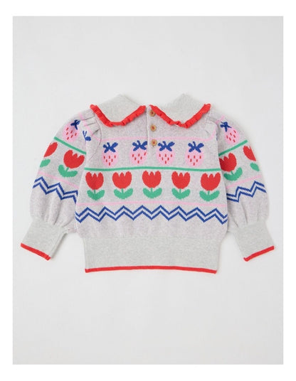 Maeve Strawberry Jumper with Ruffle Collar in Grey Marle