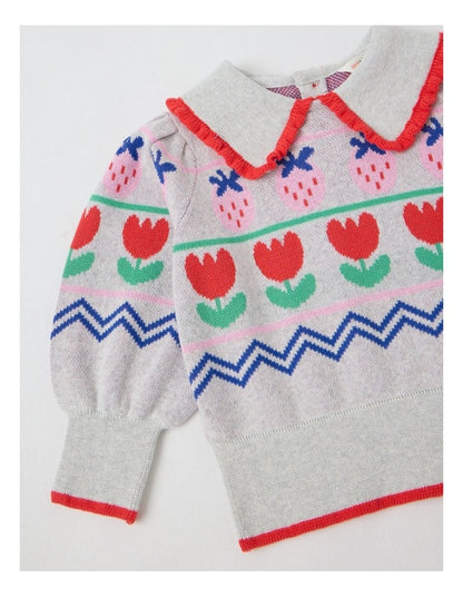 Maeve Strawberry Jumper with Ruffle Collar in Grey Marle