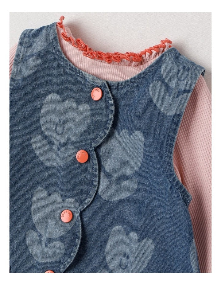 Lucy Tulip Denim Pinny with Rib Tee Set in Denim