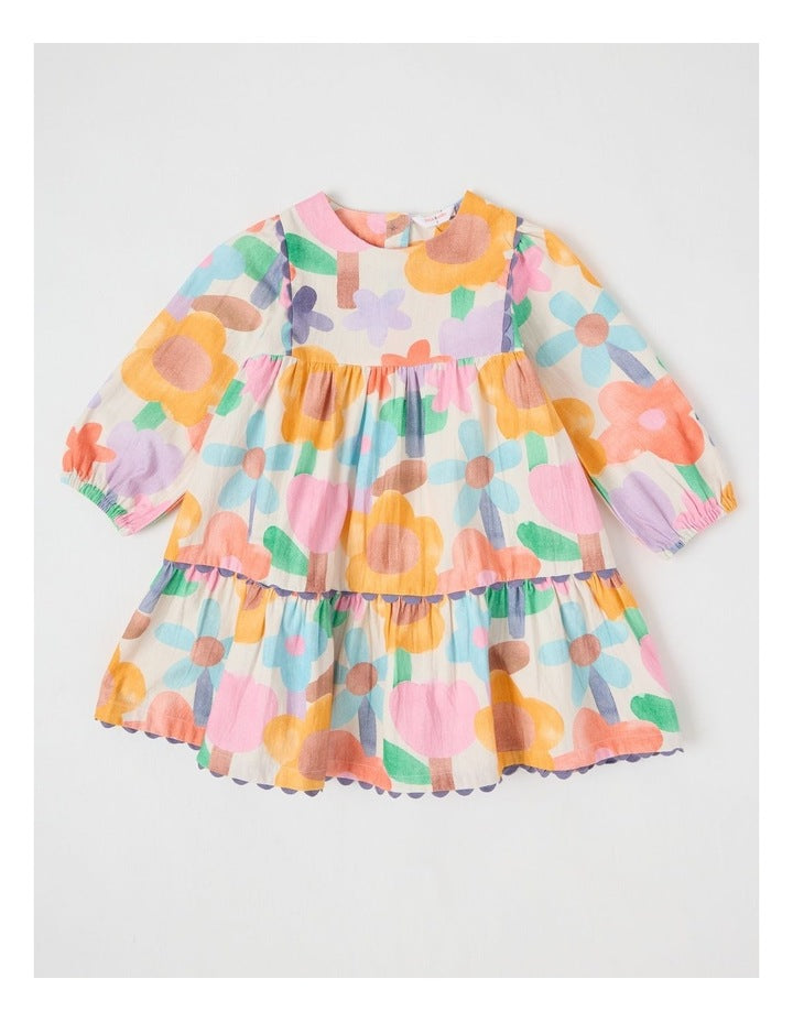 Libby Cotton Crepe Dress with Watercolour Floral Print and Ric Rac Trim in Assorted