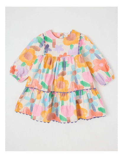 Libby Cotton Crepe Dress with Watercolour Floral Print and Ric Rac Trim in Assorted