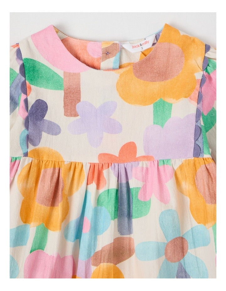 Libby Cotton Crepe Dress with Watercolour Floral Print and Ric Rac Trim in Assorted