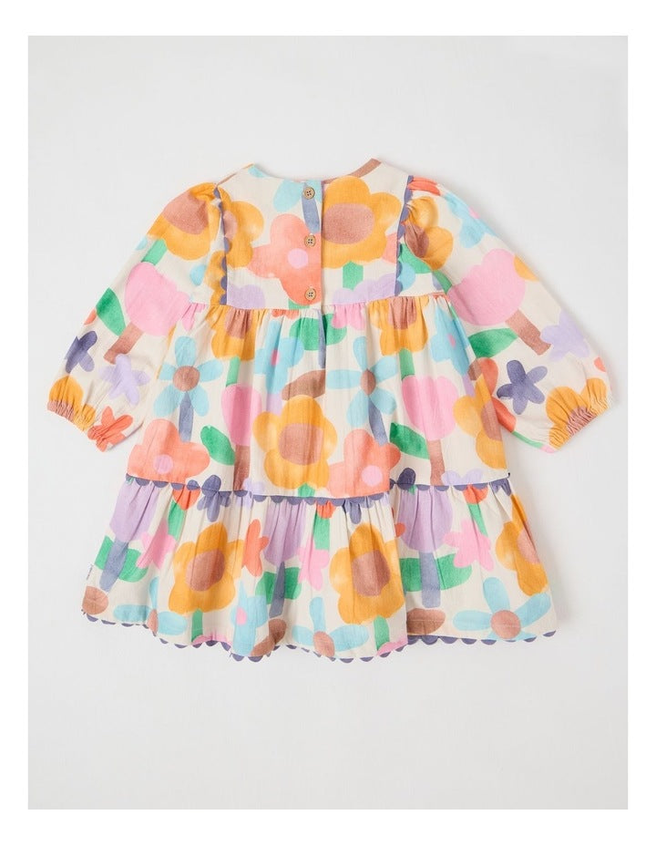Libby Cotton Crepe Dress with Watercolour Floral Print and Ric Rac Trim in Assorted
