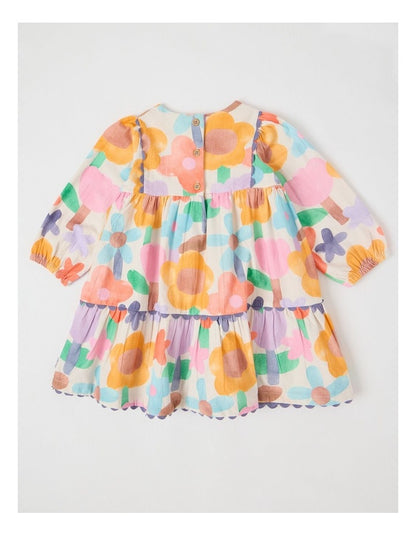 Libby Cotton Crepe Dress with Watercolour Floral Print and Ric Rac Trim in Assorted