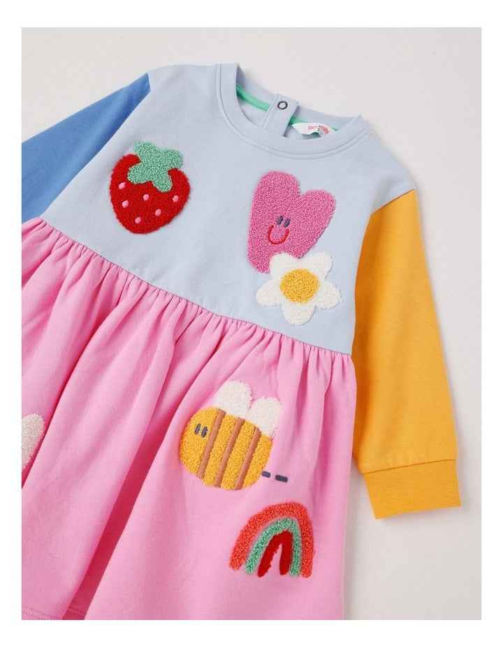 Clara Colourblocked French Terry Kinder Dress with Boucle Patches in Multi