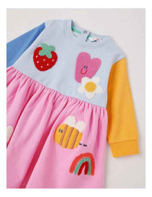 Clara Colourblocked French Terry Kinder Dress with Boucle Patches in Multi