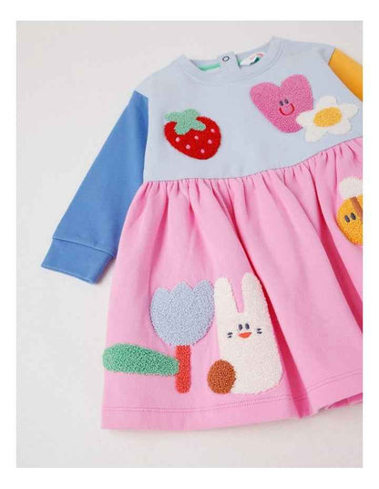 Clara Colourblocked French Terry Kinder Dress with Boucle Patches in Multi