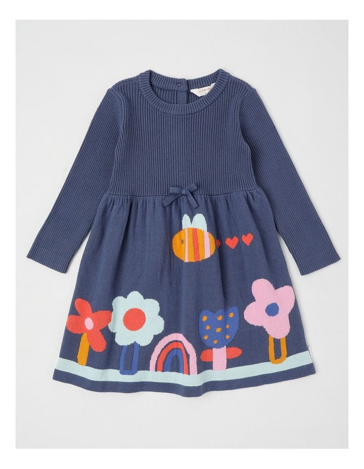 Kat Knitted Dress with Intarsia Flowers in Navy