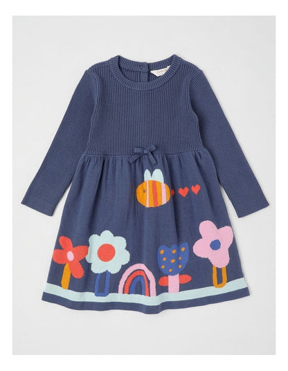 Kat Knitted Dress with Intarsia Flowers in Navy