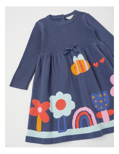 Kat Knitted Dress with Intarsia Flowers in Navy