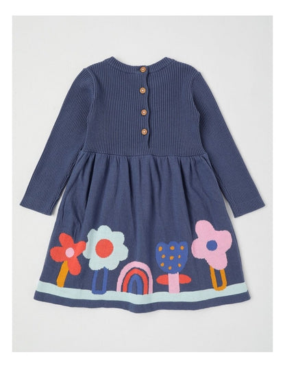 Kat Knitted Dress with Intarsia Flowers in Navy