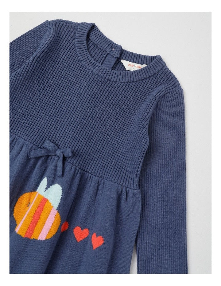 Kat Knitted Dress with Intarsia Flowers in Navy