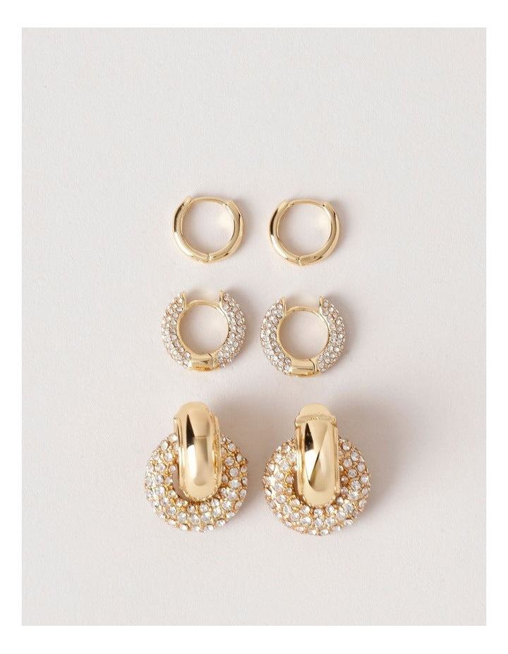 3-Pack Diamante Hoops in Gold