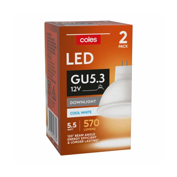 COLES LIGHT GLOBES LED MR16 500LUM 4000K 5.5W:2 PACK