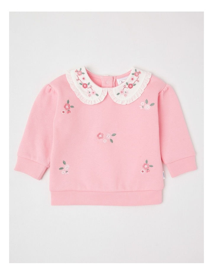 Embroidered Collar Sweat Top in Pale Pink