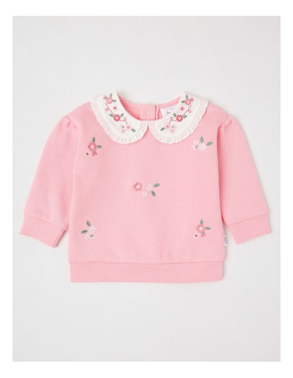 Embroidered Collar Sweat Top in Pale Pink
