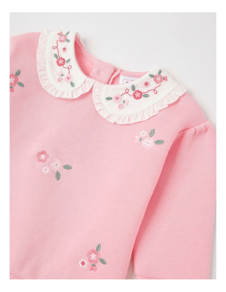 Embroidered Collar Sweat Top in Pale Pink