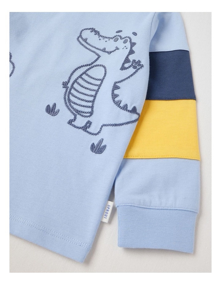 Colour Block Sleeve Jungle T/Shirt in Bluestone