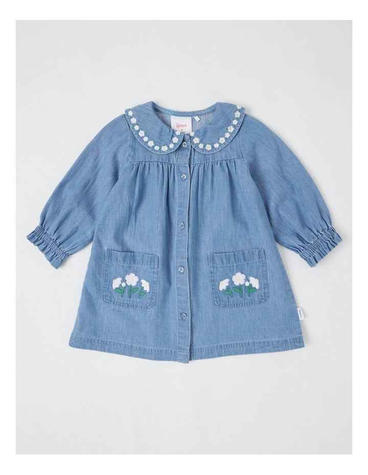 Denim Embroidery 2 Pocket Dress in Dusty Blue