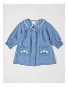 Denim Embroidery 2 Pocket Dress in Dusty Blue