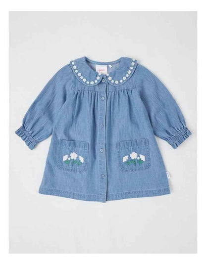 Denim Embroidery 2 Pocket Dress in Dusty Blue