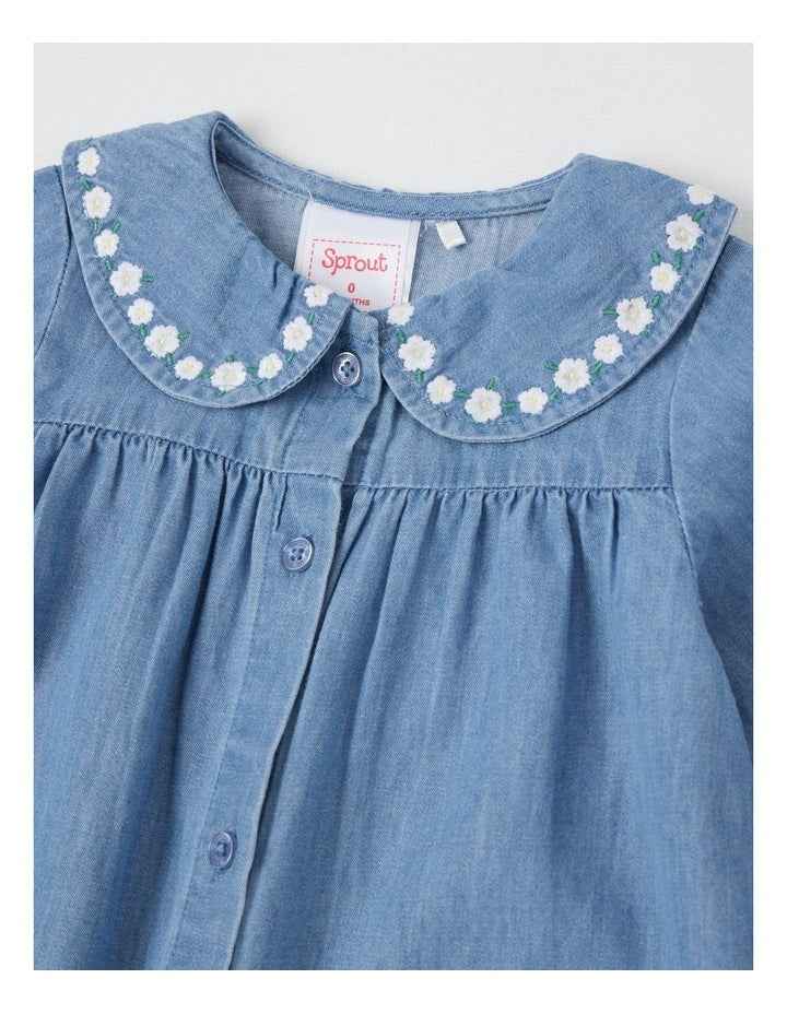 Denim Embroidery 2 Pocket Dress in Dusty Blue