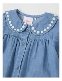 Denim Embroidery 2 Pocket Dress in Dusty Blue