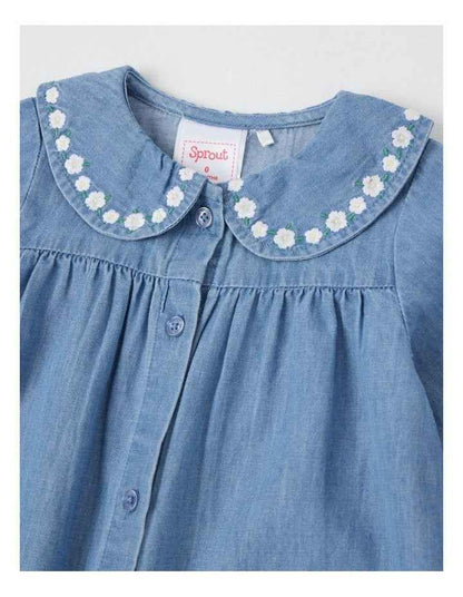 Denim Embroidery 2 Pocket Dress in Dusty Blue