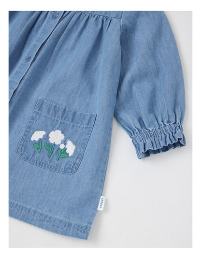 Denim Embroidery 2 Pocket Dress in Dusty Blue