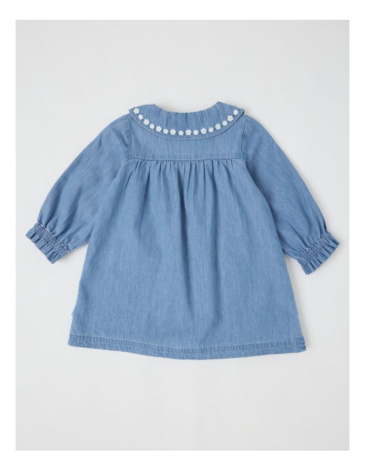 Denim Embroidery 2 Pocket Dress in Dusty Blue