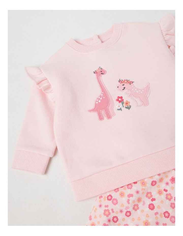 Crew Neck Frill Dino Tracksuit Set in Blush