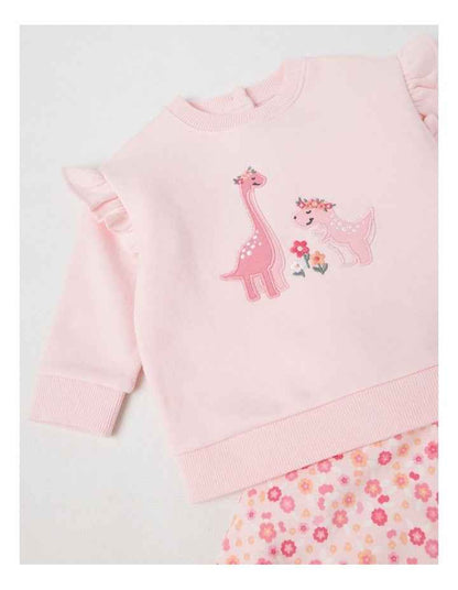 Crew Neck Frill Dino Tracksuit Set in Blush