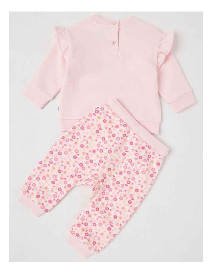 Crew Neck Frill Dino Tracksuit Set in Blush