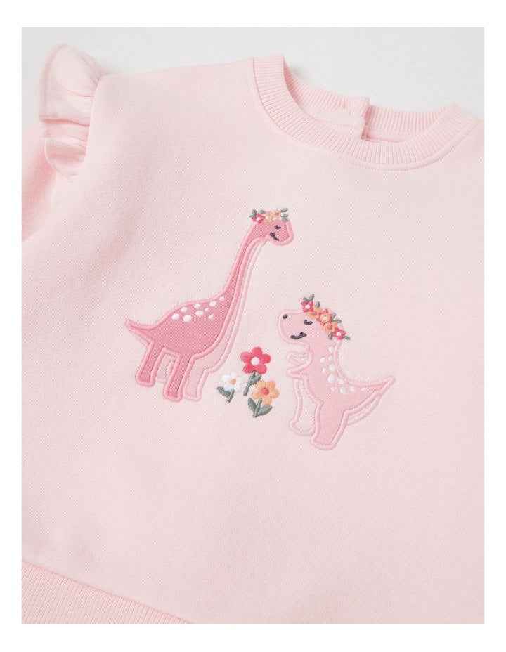 Crew Neck Frill Dino Tracksuit Set in Blush