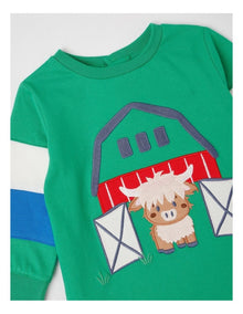 Colour Block Sleeve Barnyard T/Shirt in Bright Green