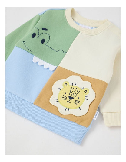 Colour Block Applique Crew Sweat Top in Assorted