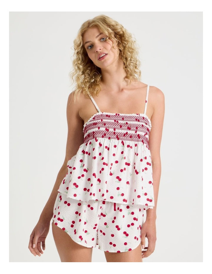 Lola Woven Shirred Cami Boxer Set in Cherry Ditsy Print