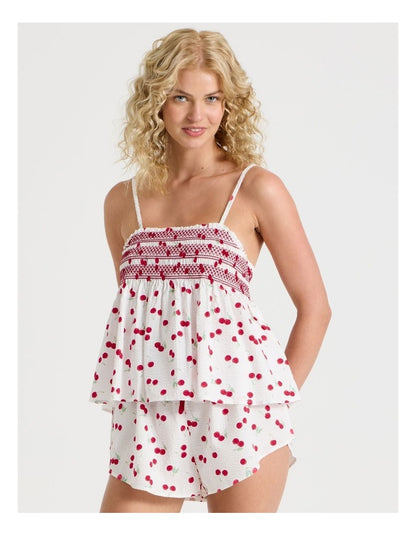 Lola Woven Shirred Cami Boxer Set in Cherry Ditsy Print