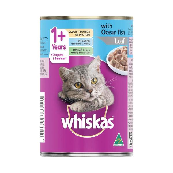 WHISKAS 1+ YEARS ADULT WET CAT FOOD OCEAN FISH LOAF 400G CAN