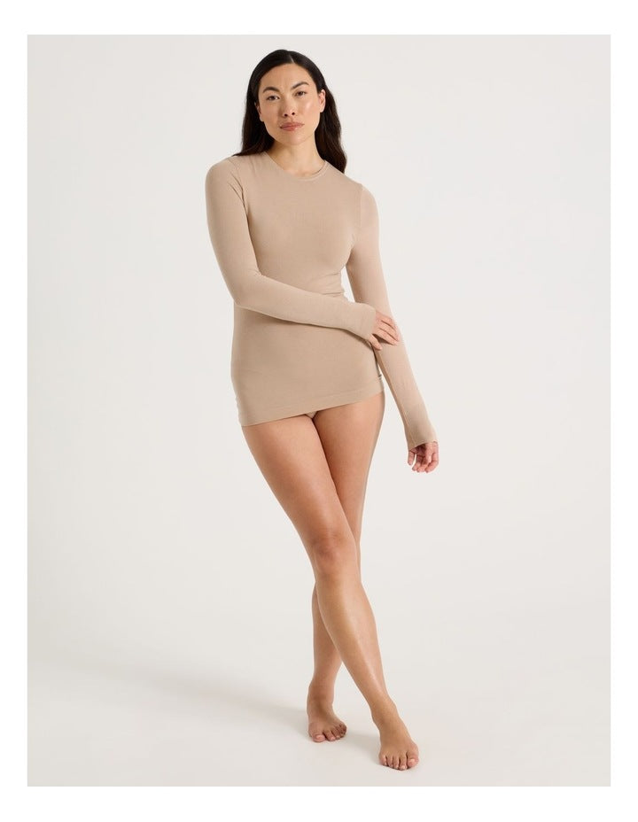 Thermal Crew Neck Long Sleeve Top in Beige