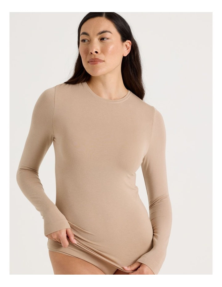 Thermal Crew Neck Long Sleeve Top in Beige