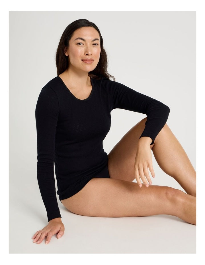 Body Layer Pointelle Thermal Long Sleeve Top in Black
