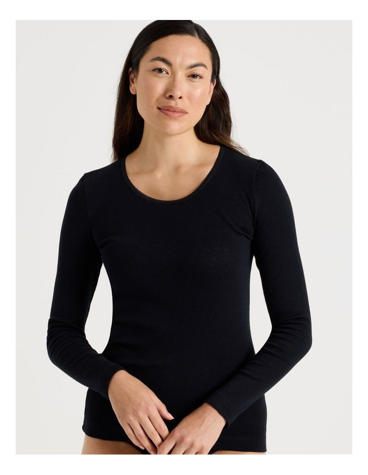 Body Layer Pointelle Thermal Long Sleeve Top in Black