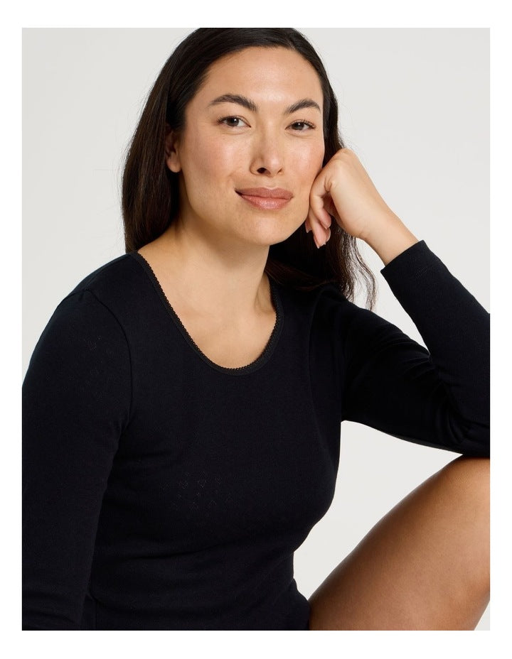 Body Layer Pointelle Thermal Long Sleeve Top in Black