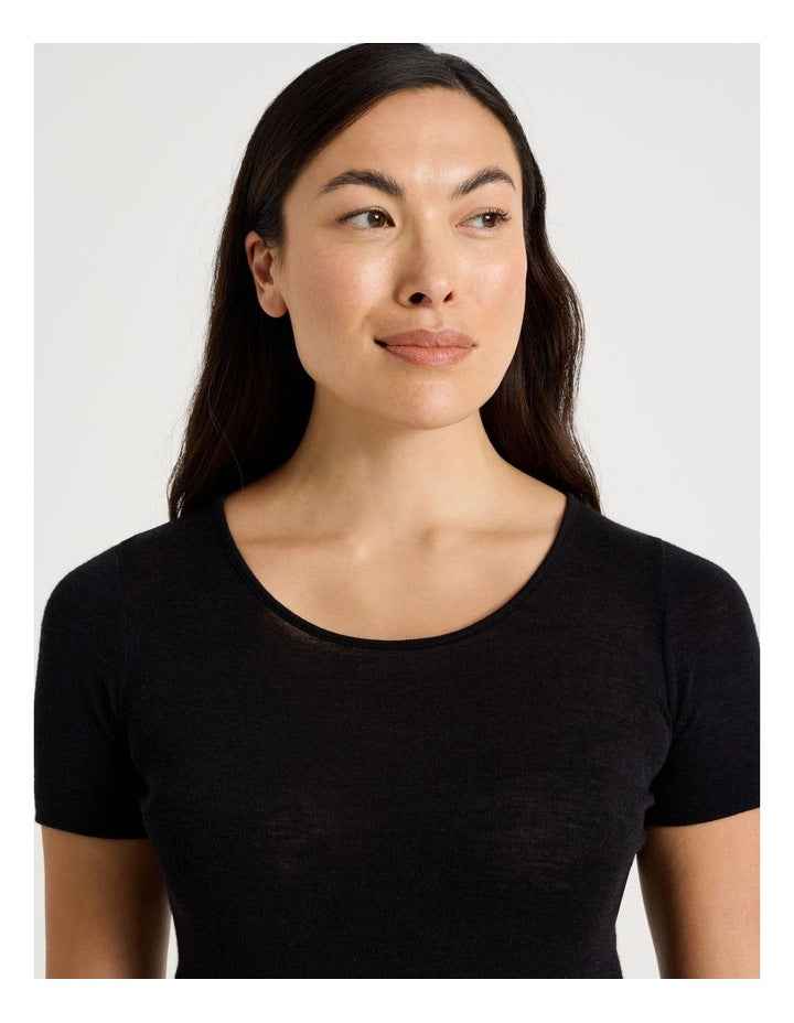 Soho Body Layer Wool Bamboo Thermal S/S Top  USOW26034B in Black