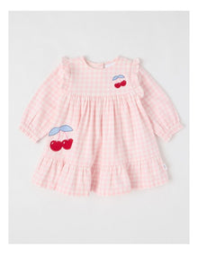 Cherry Gingham Yarndye Dress in Pale Pink