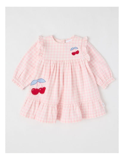 Cherry Gingham Yarndye Dress in Pale Pink