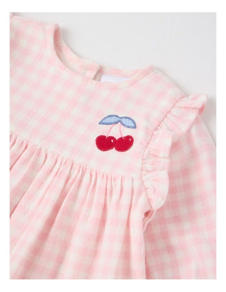 Cherry Gingham Yarndye Dress in Pale Pink